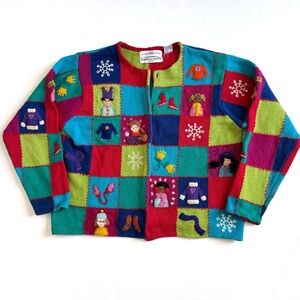 Vintage Marisa Christina Christmas Cardigan Sweater Large Colorful Dolls 3D Snow